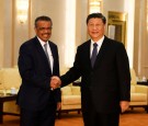 Tedros Adhanom, director general of the World Health Organization, shakes hands with Chinese President Xi jinping before a meeting at the Great Hall of the People in Beijing