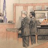 Former Minneapolis police officer Derek Chauvin is seen in an artist's sketch attends a court hearing via video link