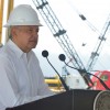 Mexico's President Andres Manuel Lopez Obrador addresses invitees during a visit to check the advance of the construction of the Dos Bocas refinery in Paraiso