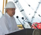 Mexico's President Andres Manuel Lopez Obrador addresses invitees during a visit to check the advance of the construction of the Dos Bocas refinery in Paraiso