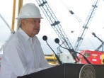 Mexico's President Andres Manuel Lopez Obrador addresses invitees during a visit to check the advance of the construction of the Dos Bocas refinery in Paraiso