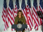 Melania Trump delivers a 25-minute speech during the 2020 Republican National Convention on August 25, 2020 at the White House Rose Garden in Washington DC.