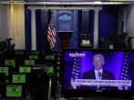 President-Elect Joe Biden's Address To The Nation Is Shown On Televisions At The White House