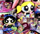 Cartoon characters the Powerpuff Girls Buttercup, Bubbles and Blossom are represented on various merchandise 