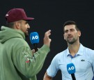 Nick Kyrgios (left) interviews 10-time Australian Open champ Novak Djokovic (right) after the latter's semifinal win at the tournament