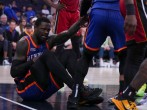 New York Knicks forward Julius Randle after injuring his right shoulder in a game against the Miami Heat on Jan. 27, 2024