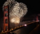 Fireworks explode over the Golden Gate Bridge