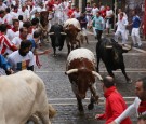 Fighting bulls from the ranch of Victoriano Del Rio Cortes run along the Curva de Estafeta during the fourth day of the San Fermin Running Of The Bulls festival, on July 9, 2014 in Pamplona, Spain