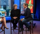 Alisyn Camerota (L) and Geraldo Rivera (R) interview Shirley MacLaine during her visit to FOX News Channel's America's News Headquarters at FOX Studios on November 14, 2013 in New York City. 