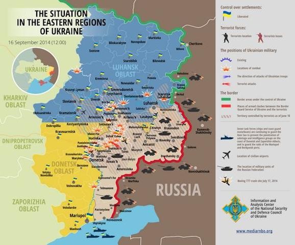 A conflict map showing the regions given semi-autonomy by Ukrainian parliament. Donetsk is in yellow and Luhansk is in blue.