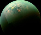 Sunlight reflecting off Titan’s swirling surface