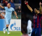 Pablo Zabaleta's Goal (L - #5) Sealed Manchester City's Victory Over AS Roma While Luis Suarez (R - #9) Celebrates his 1st Goal at Camp Nou for Barcelona