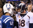 Indianapolis Colts Quarterback Andrew Luck and Peyton Manning of the Denver Broncos